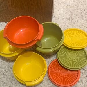 Vintage Tupperware Colorful Plastic Bowls with 3 lids